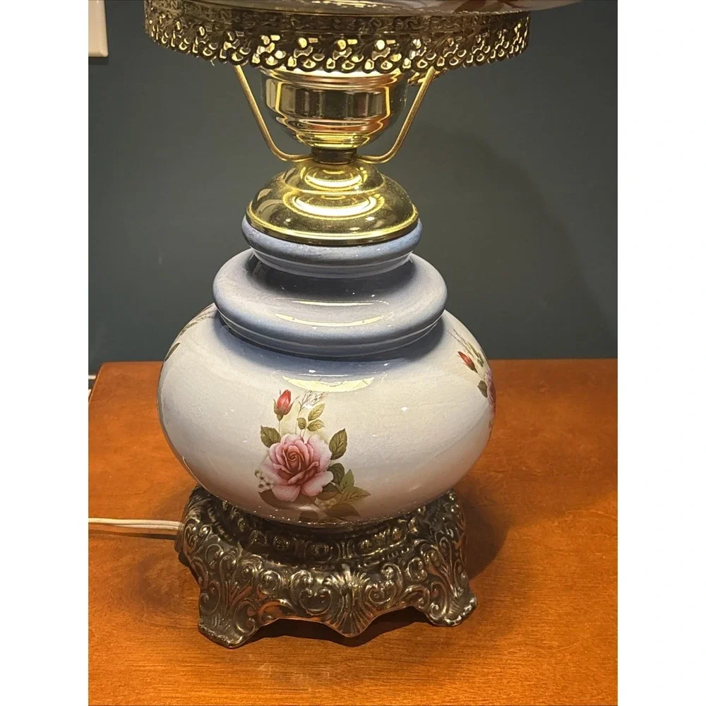 Vintage Gone With The Wind Hurricane Parlor Blue Floral Glass Table Lamp